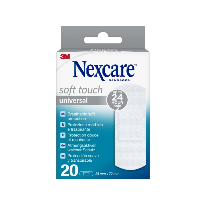 Nexcare Universal Soft Touch Pack de 20 Apositos para Heridas - 25x72mm - Transpirable - Tacto Agradable - Color Blanco