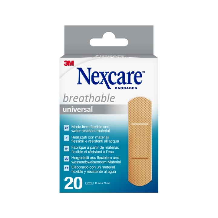 Nexcare Universal Breathable Pack de 20 Apositos para Heridas - 19x72mm - Transpirable - Resistente al Agua - Color Piel