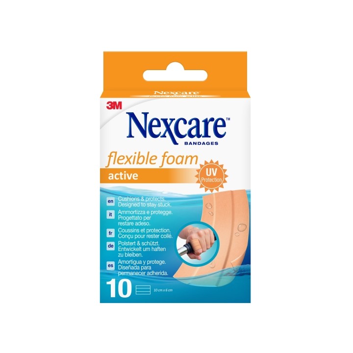Nexcare Active Flexible Foam Pack de 10 Apositos para Heridas - 6x10cm - Transpirable - Resistente al Agua - Color Piel