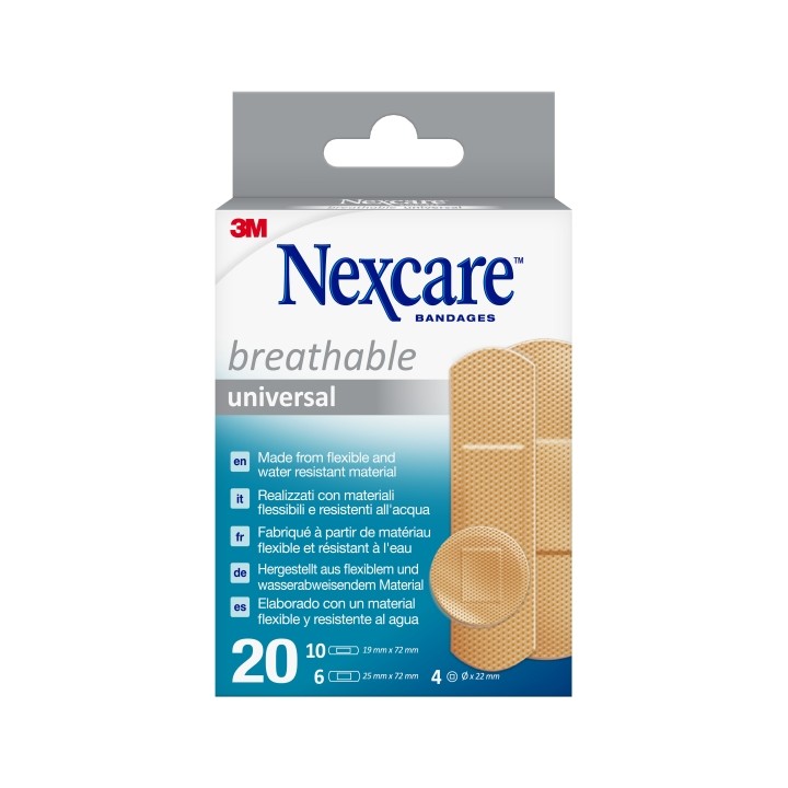 Nexcare Universal Breathable Pack de 20 Apositos Surtidos - Transpirable - Resistente al Agua - Color Piel