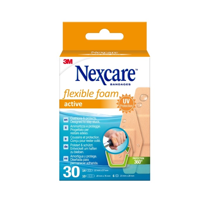 Nexcare Active Flexible Foam Pack de 30 Apositos Surtidos - Transpirable - Resistente al Agua - Color Piel