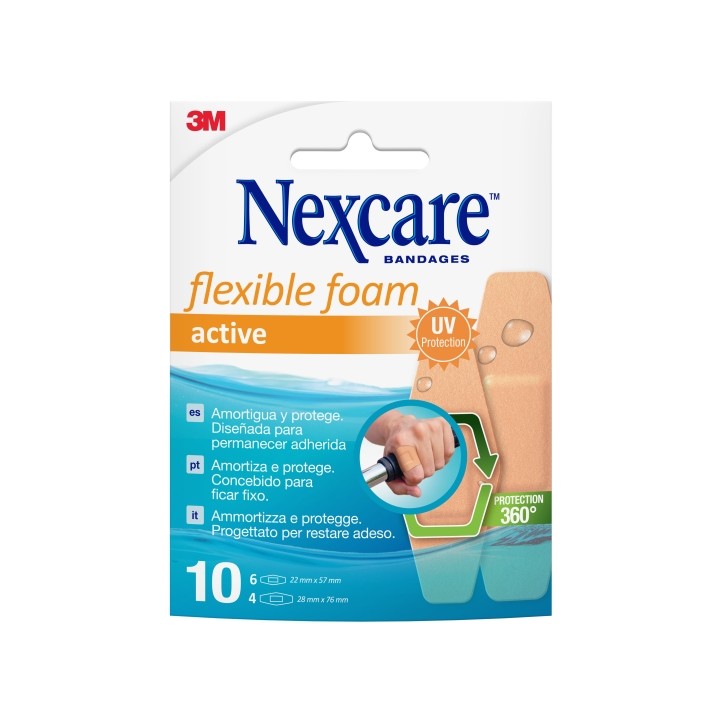 Nexcare Active Flexible Foam Pack de 10 Apositos Surtidos - Transpirable - Resistente al Agua - Color Piel