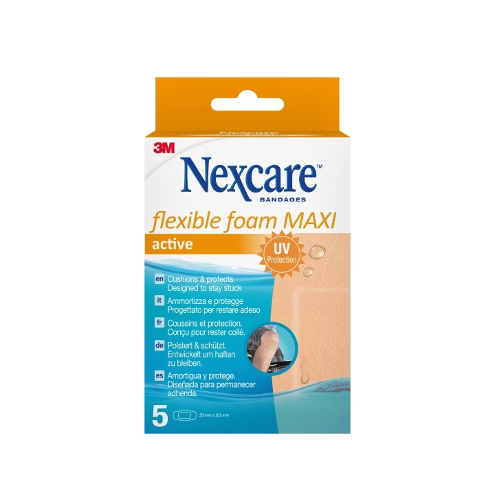Nexcare Flexible Foam Maxi Active Pack de 5 Apositos para Heridas - 50x101mm - Flexibles - Transpirable - Resistente al Agua - C