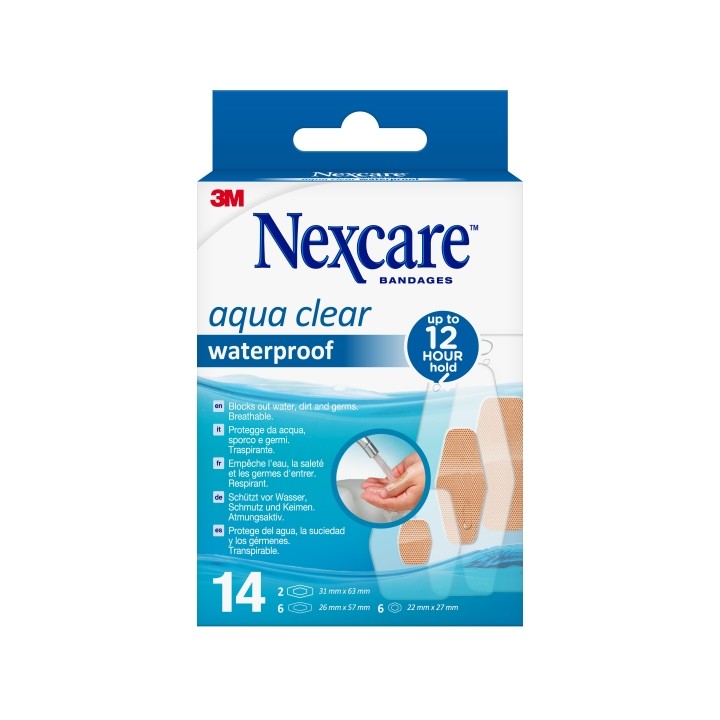 Nexcare Aqua Clear Waterproof Pack de 14 Apositos Surtidos - Impermeables - Color Transparente