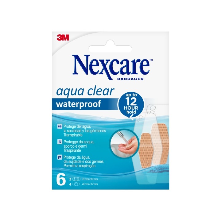 Nexcare Aqua Clear Waterproof Pack de 6 Apositos Surtidos - Impermeable - Resistente al Agua - Color Transparente