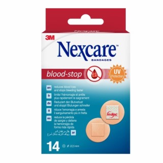 Nexcare Blood-Stop Pack de 14 Apositos Tipo Parche - 22mm de Diametro - Resistente al Agua - Mayor Rapidez Deteniendo Hemorragia