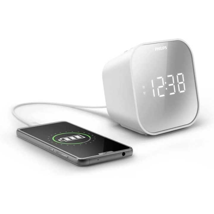 Philips Radio Reloj Despertador FM con Cargador USB - Pantalla LED con Acabado Espejo - Temporizador - Funcion de Repeticion - 1