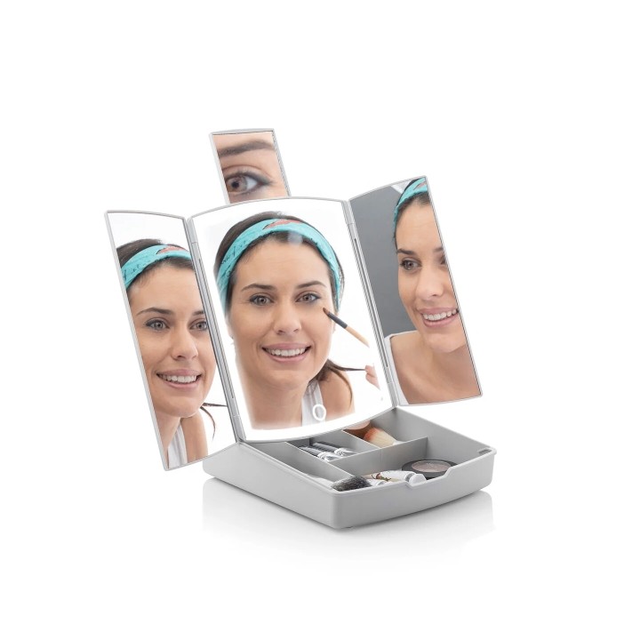 Innovagoods Panomir Espejo con Organizador de Maquillaje 3 en 1 - Inalambrico - Luz LED - 4 Compartimentos - Plegable - Pies Ant