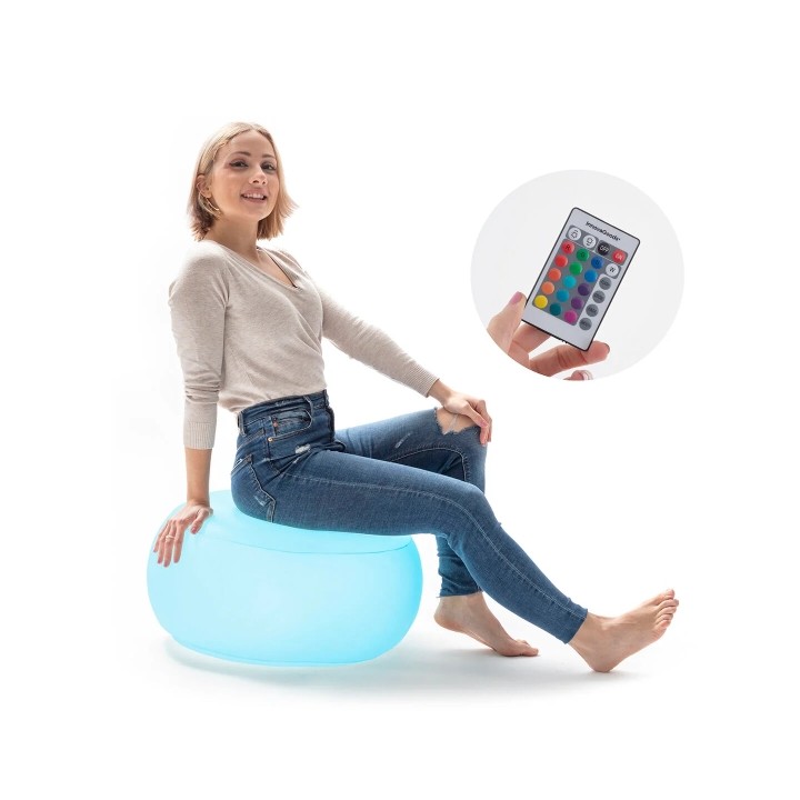 Innovagoods Pulight Asiento Hinchable - Luz LED Multicolor - Soporta hasta 100kg - Mando a Distancia - Incluye Hinchador - IP68