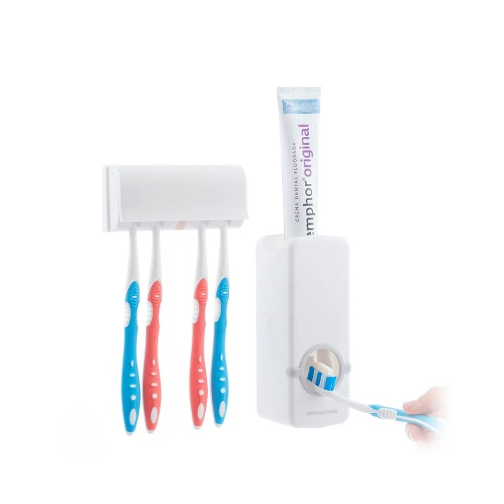 Innovagoods Diseeth Dispensador de Pasta Dental con Organizador para 5 Cepillos - Multifuncion - Facil Limpieza - Adhesivos de C