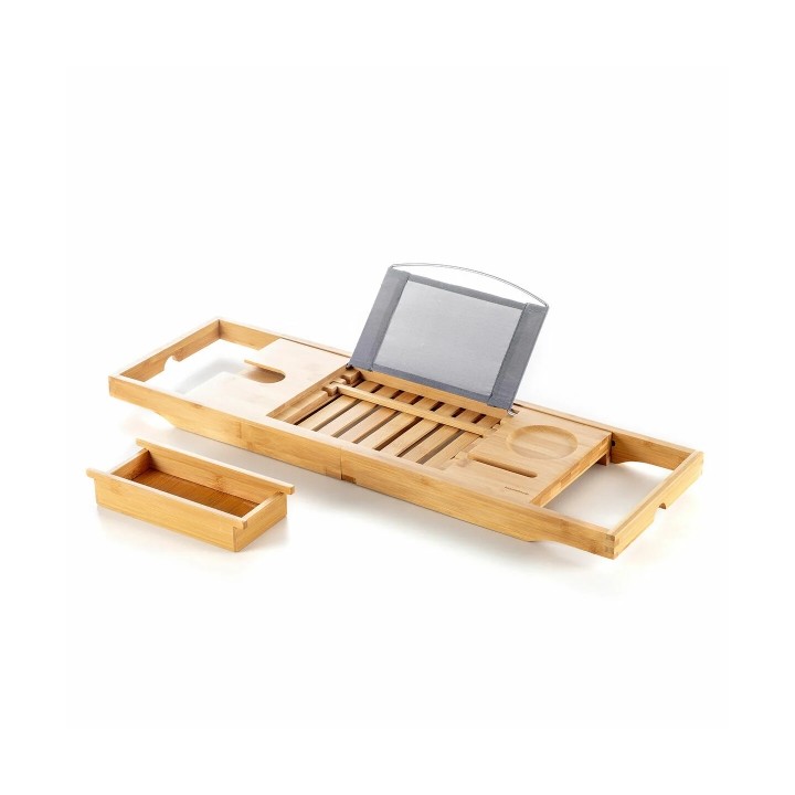 Innovagoods Trayth Bandeja Extensible de Bambu hasta 104cm - Soporta hasta 12kg - Incluye Accesorios - Antideslizante - Atril Pl