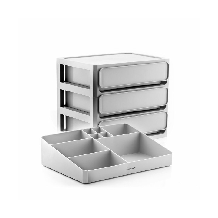 Innovagoods Makeser Organizador de Maquillaje - 3 Cajones - Bandeja Extraible con 9 Compartimentos - 26x29x19.5cm - Color Gris