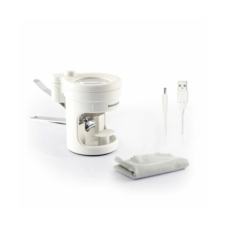 Innovagoods Clail Cortauñas con Lupa - 8 Aumentos - Cable USB de 80cm - Luz LED - Incluye Accesorios - Altura Ajustable - Base A