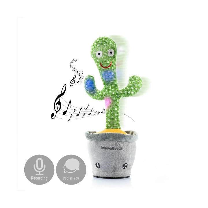 Innovagoods Cacxi Cactus Bailarin y Parlanchin con Musica - Bateria 180mAh - Luz LED - Recargable - 10x30x10cm - Color Verde y G