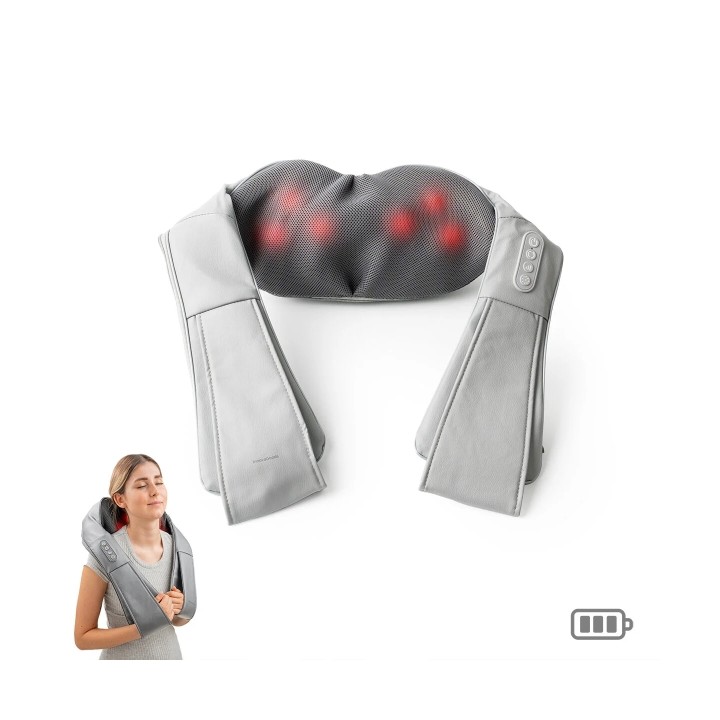 Innovagoods Pro Massatsu Masajeador Shiatsu - 24W - Funcion Calor - 3 Velocidades - Bateria 1800mAh - Recargable - Cabezales Rot
