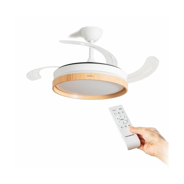 Innovagoods Woteez Ventilador de Techo con 4 Aspas Retractiles - 72W - 6 Velocidades - Luz LED - Accesorios de Montaje - Mando a