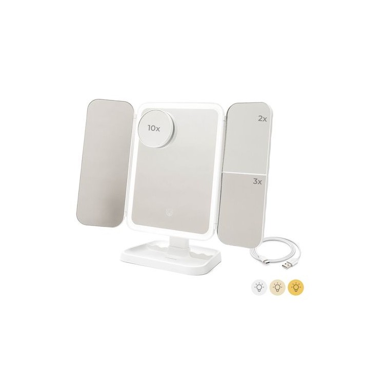 Innovagoods Miled Espejo de Maquillaje Triptico - Tactil - Bateria 2000mAh - Cable USB-C Incluido - Luz LED - Recargable - Plega