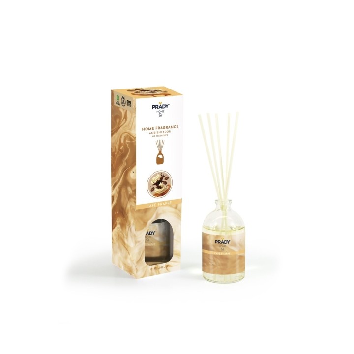 Prady Ambientador Mikado Cafe Frappe - Frasco de Cristal 100 ml y Varitas Difusoras