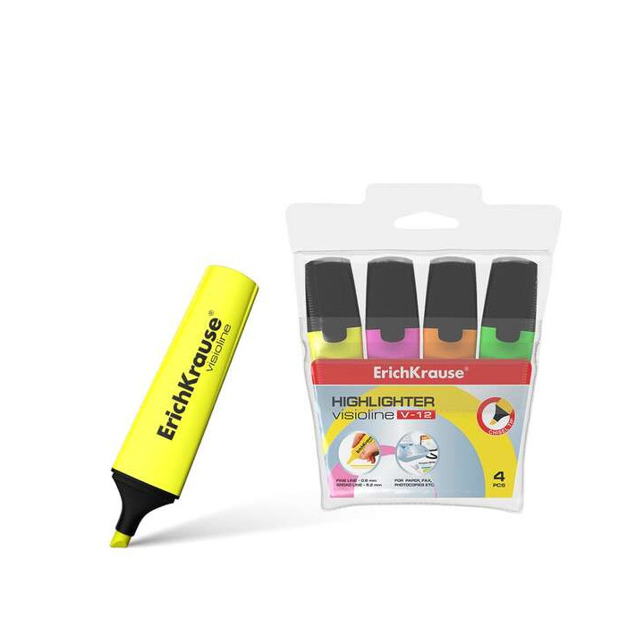 Erichkrause Visioline V-12 Pack de 4 Marcadores Fluorescentes - Punta Biselada - Tinta a Base de Agua - Colores Naranja