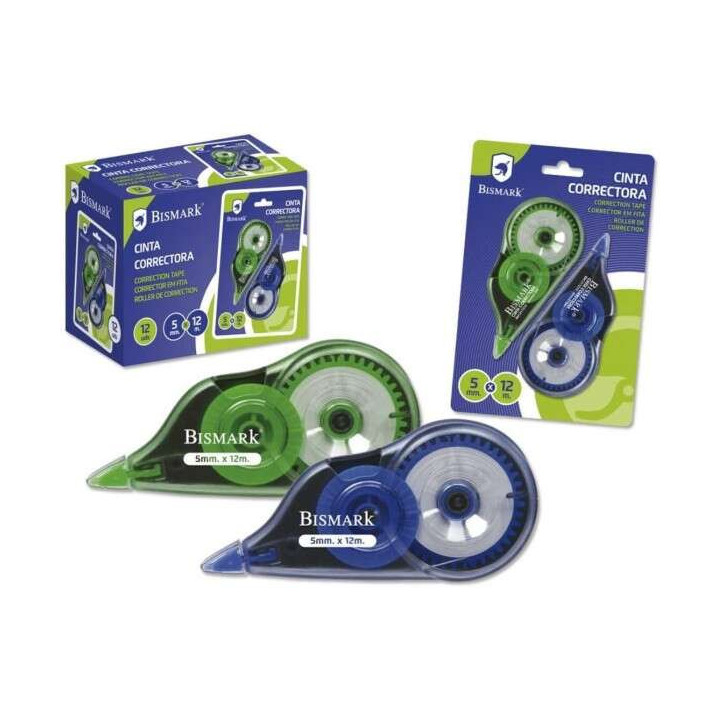 Bismark Pack de 2 Cintas Correctoras 5mm x 12m - Cuerpo Transparente - Forma Ergonomica