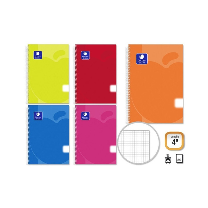 Golden Pack de 5 Cuadernos Espiral 80 Hojas 90gr Cuadricula - Tamaño 4º - Tapa de Polipropileno - Colores Surtidos