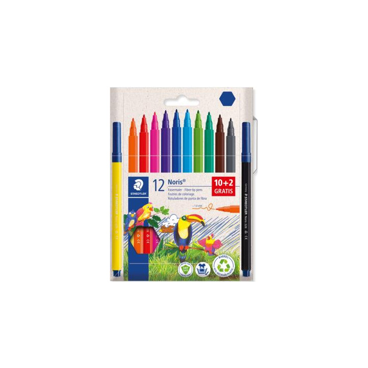 Staedtler Noris 326 Pack de 12 Rotulador de Punta Fina - Trazo 1mm - Tina Base de Agua - Tapa Ventilada - Colores surtidos