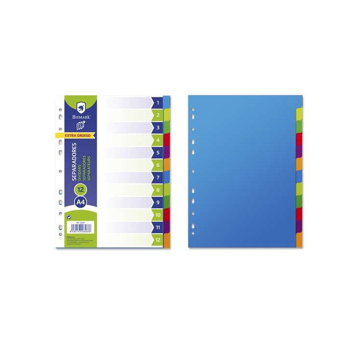 Bismark Pack de 12 Separadores - Tamaño A4 - Extragruesos - Fabricados en Polipropileno - Colores Surtidos