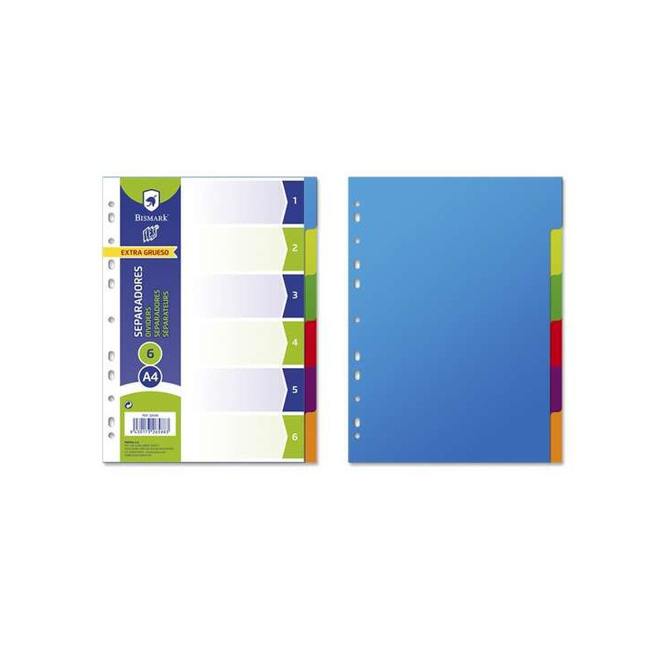 Bismark Pack de 6 Separadores - Tamaño A4 - Extragruesos - Fabricado en Polipropileno - Colores Surtidos