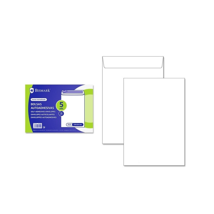 Bismark Pack de 5 Sobres de Papel 90gr - Medidas 229x324mm - Cierre Autoadhesivo - Color Blanco