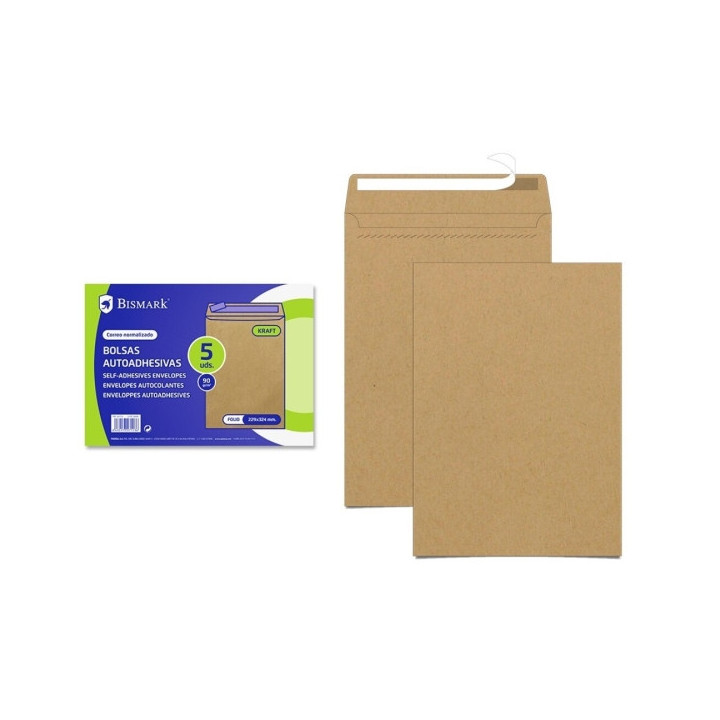 Bismark Pack de 5 Sobres de Papel Kraft 90gr - Medidas 229x324mm - Cierre Autoadhesivo - Color Marron