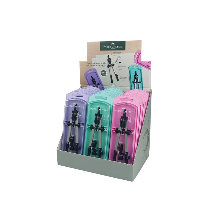 Faber-Castell Expositor de 15 Compases de Ajuste Rapido - Articulaciones en ambos Brazos - Accesorios de Recambio - Adaptador U