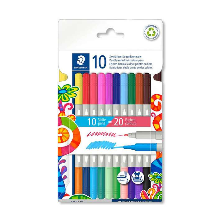 Staedtler Noris 3280 Pack de 10 Rotuladores con Doble Punta - Trazos 1mm y 3mm Aprox - Colores Surtidos