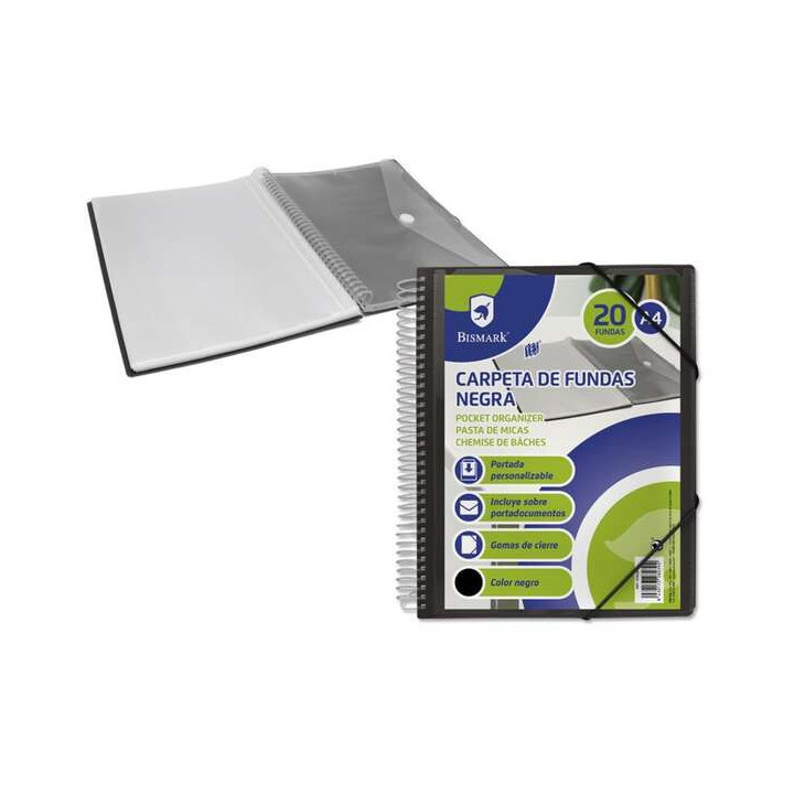 Bismark Carpeta con 20 Fundas Transparentes - Formato A4 - Incluye Sobre Portadocumentos - Cierre de Gomas