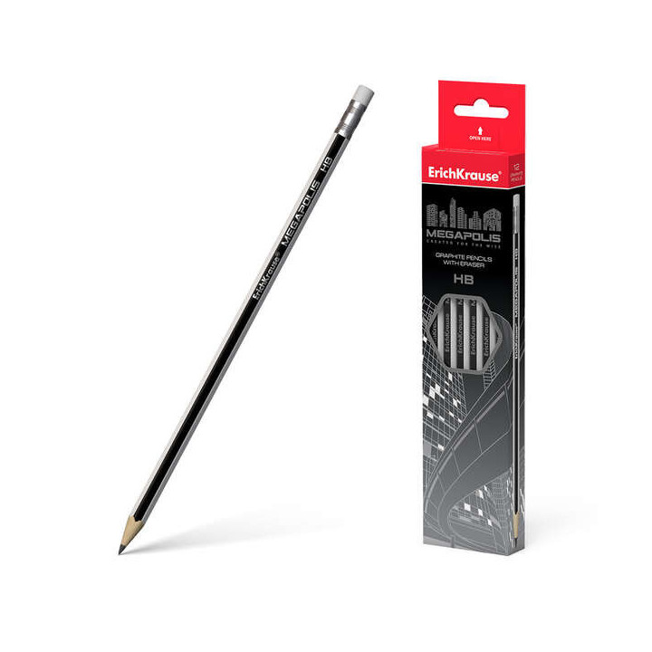 Erichkrause Lapiz de Grafito Hexagonal con Goma de Borrar Megapolis HB - Madera Seleccionada - Alta Resistencia al Impacto - Fa