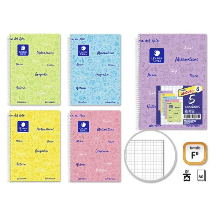 Golden Pack de 5 Cuadernos Asignatura Folio 80 Hojas 90gr Cuadricula 4x4 - Resistente - Tapa Plastica - Ideal para Estudiantes