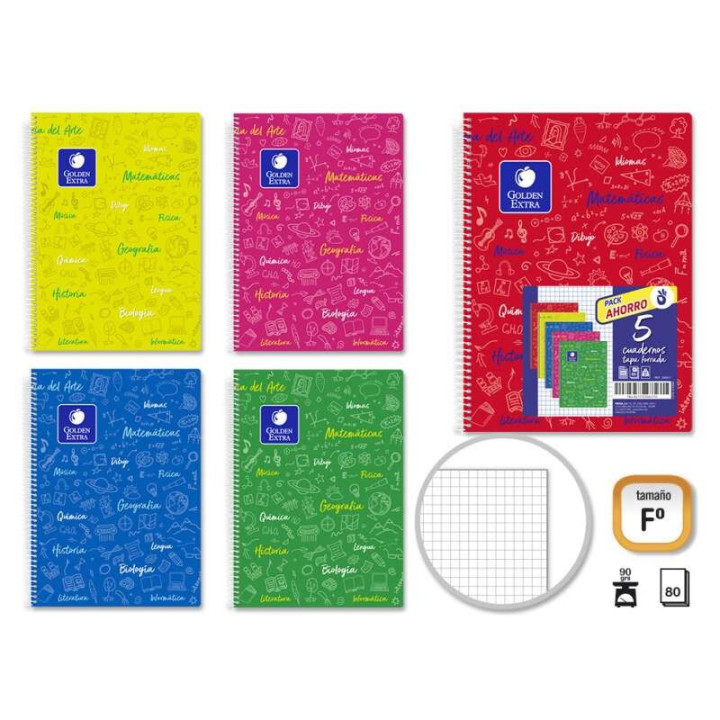 Golden Pack de 5 Cuadernos Folio 80 Hojas 90gr Cuadricula 4x4 - Resistente - Ideal para Estudiantes - Tapa Forrada - Colores Su