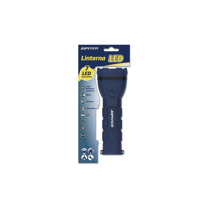 Jupiter Linterna de Luz Blanca 7 LED 100lm - Cuerpo de Goma - Resistencia IP44 - Funciona con 2 Pilas D R20 (No Incluidas) - Co