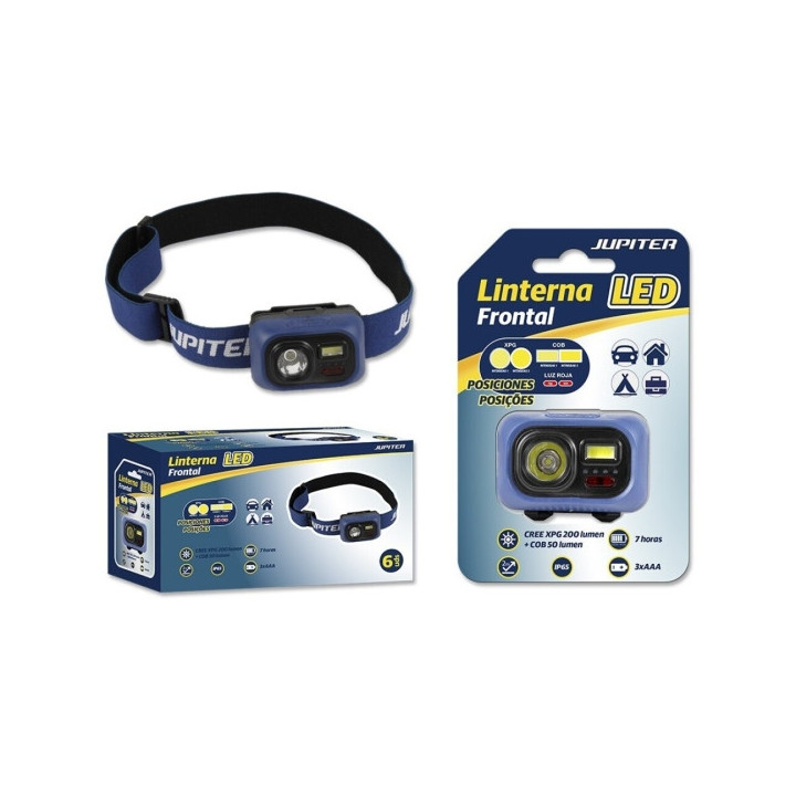 Jupiter Linterna Frontal LED 200lm + COB 50lm - Resistencia IP65 - Goma Ajustable para Cabeza - Funciona con 3 Pilas AAA (No In