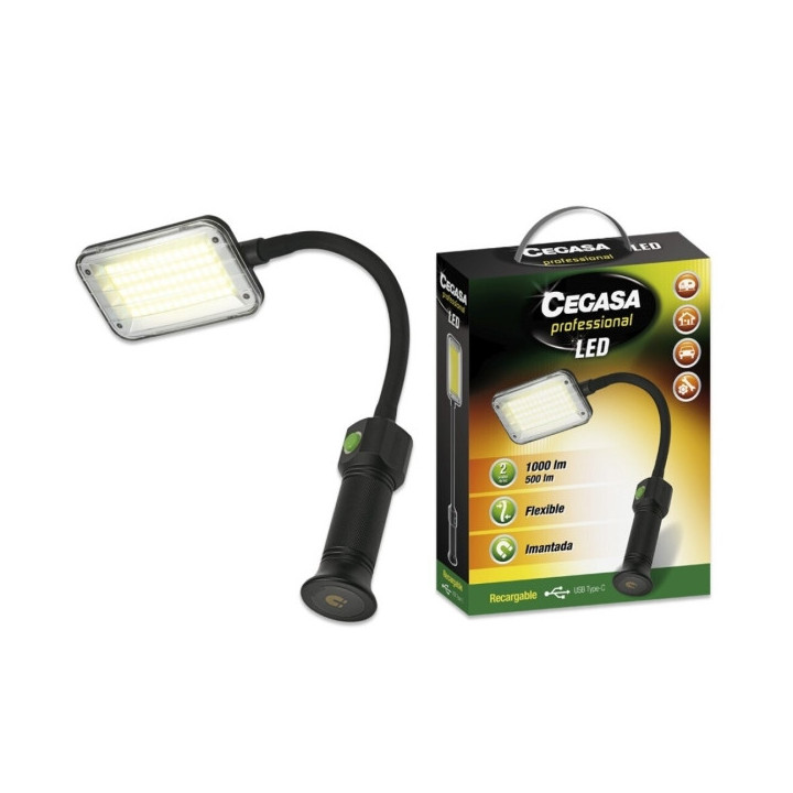 Cegasa Profesional Linterna Flexible LED hasta 1000lm - Autonomia hasta 4h - Bateria Recargable 2000mAh USB-C - Color Negro