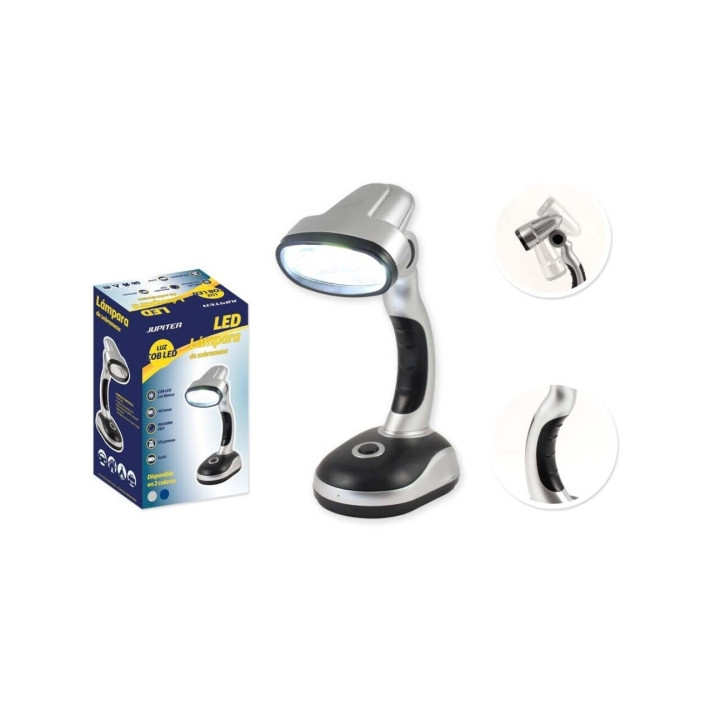 Jupiter Lampara de Sobremesa COB-LED 40lm - Tambien se puede Usar como Linterna - Funciona con 3 Pilas AA - Color Plata/Negro