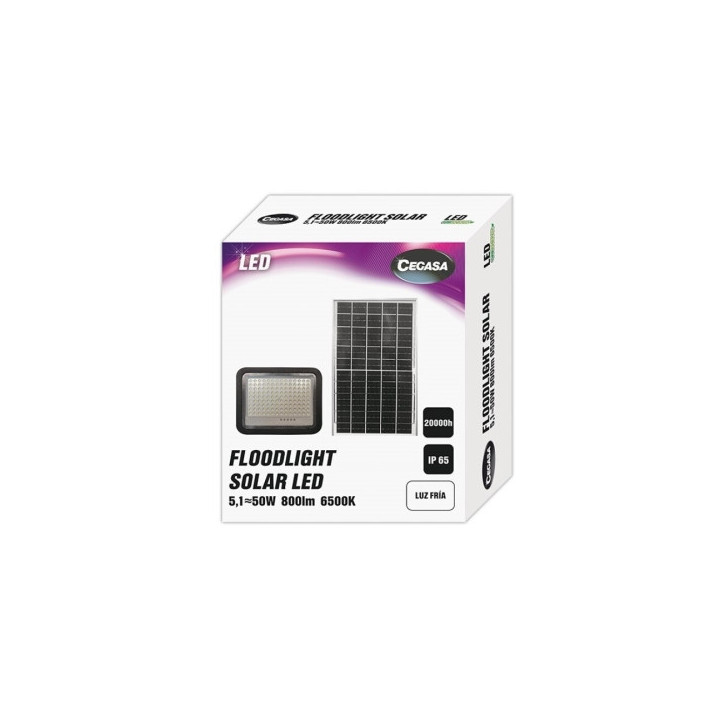 Cegasa Floodlight Foco Solar LED 800lm 6500K - Panel Solar Integrado 5V-6W - Autonomia hasta 12h - Resistencia IP65