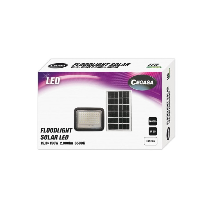 Cegasa Floodlight Foco Solar LED 2000lm 6500K - Panel Solar Integrado 5V-15W - Autonomia hasta 12h - Resistencia IP65