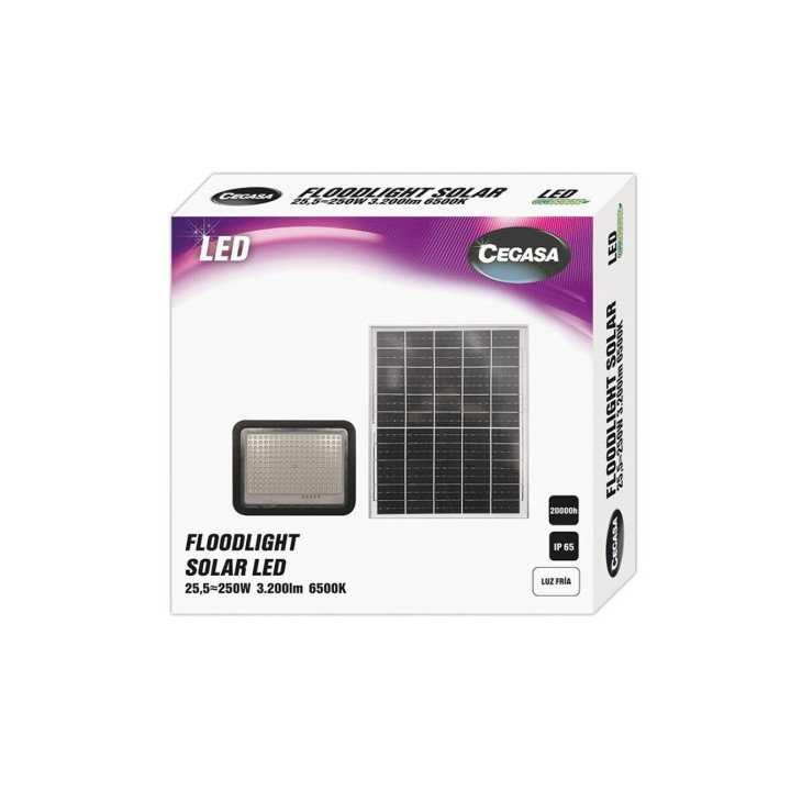 Cegasa Floodlight Foco Solar LED 3200lm 6500K - Panel Solar Integrado 5V-25W - Autonomia hasta 12h - Resistencia IP65