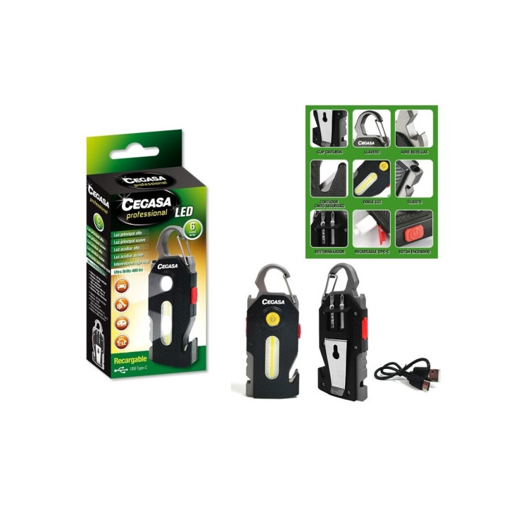 Cegasa Profesional Linterna Supervivencia COB+1 LED hasta 400lm - Autonomia hasta 1.5h - Bateria 300mAh USB-C - Color Negro