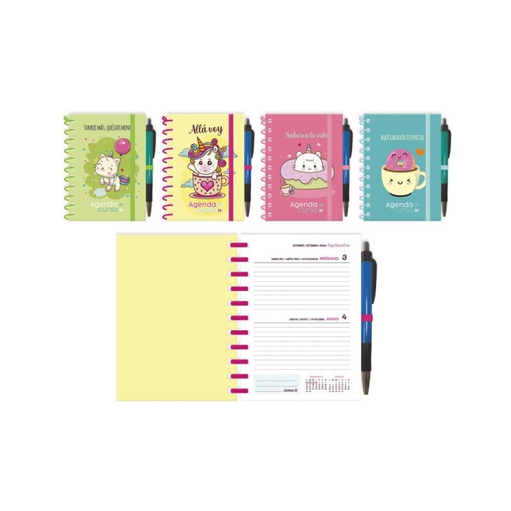 Ingraf Expositor de 12 Agendas Escolares 25/26 Espiral Dia Pagina con Boligrafo - Tamaño 8º - Tapa Carton Forrada con Detalle