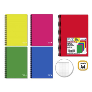 Golden Basic Pack de 5 Cuadernos A4 80 Hojas 90gr Cuadricula 4x4 - Ideal para Estudiantes - Tapa Polipropileno - Colores Surtid
