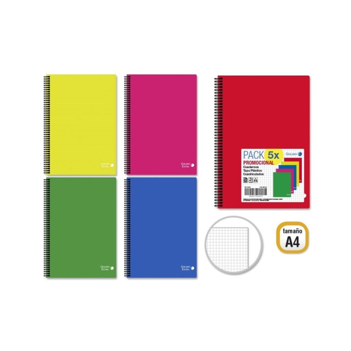 Golden Basic Pack de 5 Cuadernos A4 80 Hojas 90gr Cuadricula 4x4 - Ideal para Estudiantes - Tapa Polipropileno - Colores Surtid