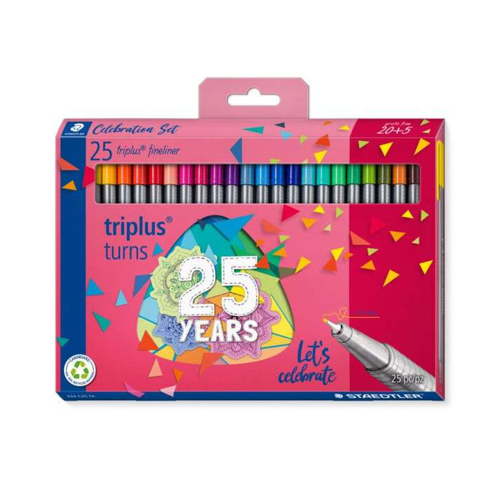 Staedtler Triplus Fineliner 334 Pack de 25 Rotuladores de Punta Fina - Trazo 0.3mm Aprox - Tinta Base de Agua - Colores Surtido
