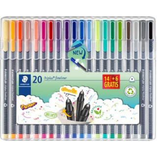 Staedtler Triplus Fineliner 334 Pack de 20 Rotuladores de Punta Fina - Trazo 0.3 mm Aprox - Tinta Base de Agua - Colores Surtid