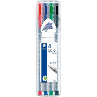 Staedtler Triplus Fineliner 334 Pack de 4 Rotuladores de Punta Fina - Trazo 0.3 mm Aprox - Tinta Base de Agua - Colores Surtido